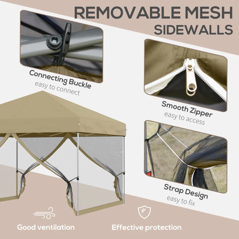 Outsunny 10' x 10' Pop-Up Party Tent UPF50+ Outdoor Canopy Tent with Mesh Sidewalls, 3-Level Adjustable Height, Roller Bag, Khaki