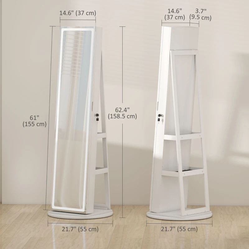 HOMCOM Jewelry Cabinet with Full Length Lockable Mirror, Standing Jewelry Armoire Organizer with LEDs, White