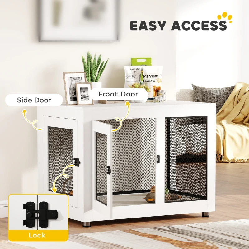 PawHut 37" Dog Crate Furniture with Cushion, Double Doors for Large Dogs, White