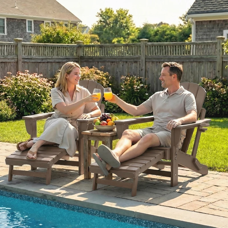 Outsunny Folding Adirondack Chair Set of 2, HDPE Fire Pit Chair with Retractable Ottoman and Cup Holder, Brown