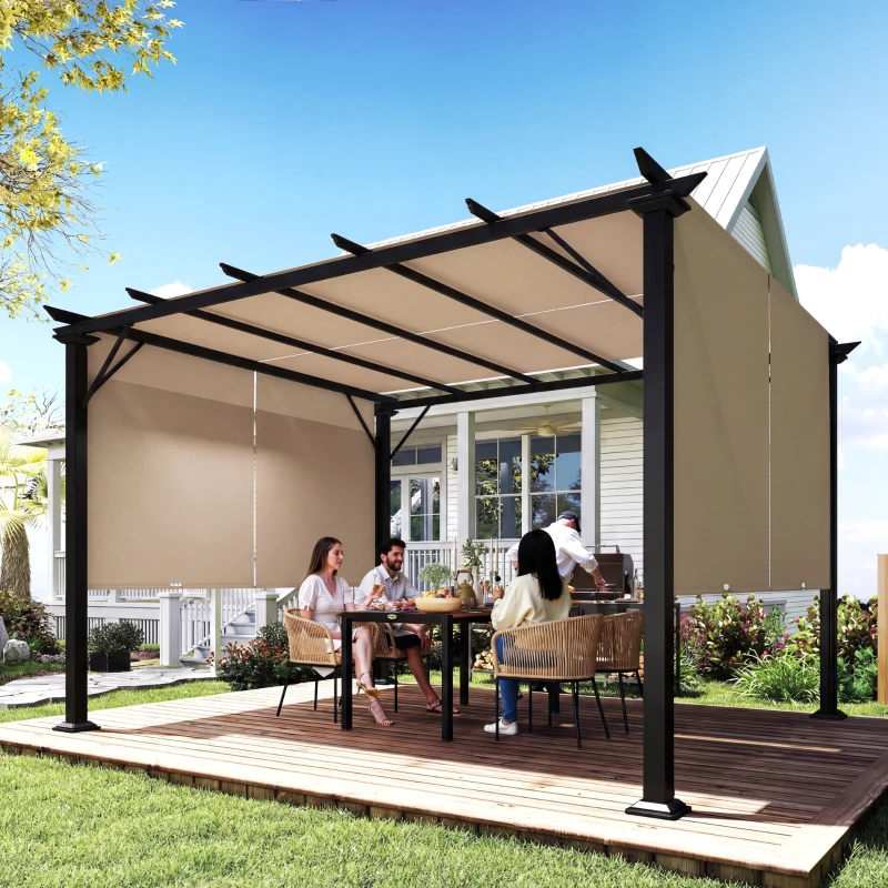 Outsunny 12' x 10' Outdoor Patio Gazebo Pergola with Retractable Canopy Roof, Steel Frame with Stakes, Light Brown