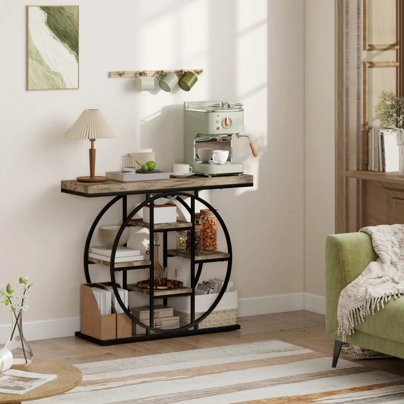 HOMCOM 39.4" Console Table with Storage Shelves, Industrial Sofa Table for Living Room, Hallway, Rustic Brown