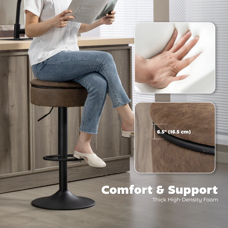 HOMCOM Set of 2 Barstools with Storage, Swivel Bar Stools with PU Leather Upholstered, Footrest, Steel Base, Brown