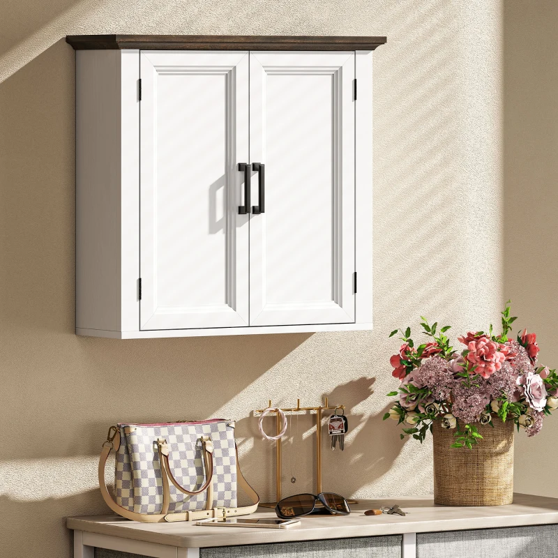 HOMCOM Bathroom Wall Cabinet, Farmhouse Medicine Cabinet Wall Mounted with 2 Doors and Adjustable Shelf, White