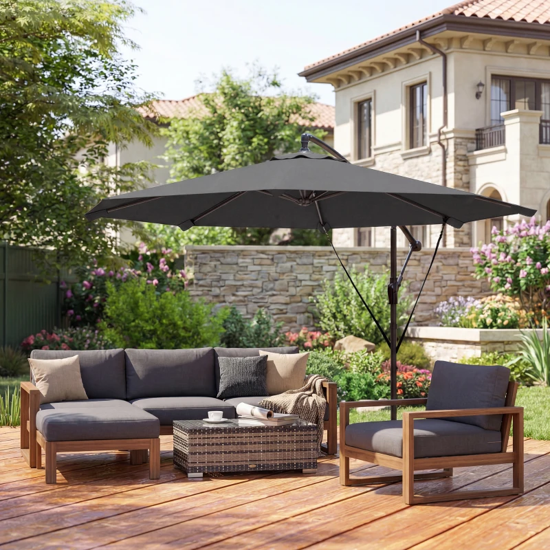 Outsunny 10FT Cantilever Patio Umbrella with 8 Ribs, Offset Patio Umbrella with Cover and Wind Ropes for Garden, Yard, Dark Grey