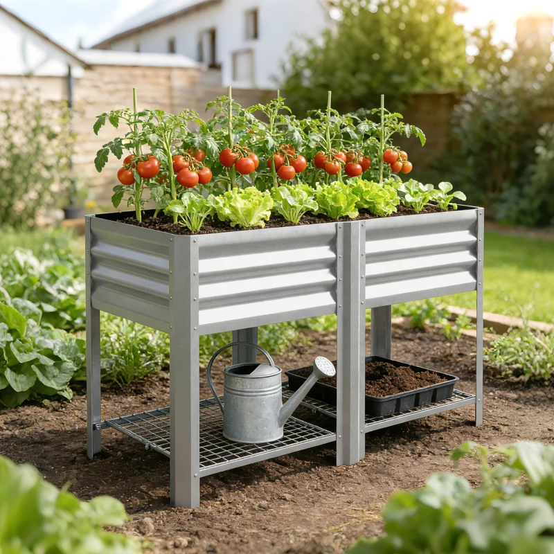 Outsunny Raised Garden Bed Galvanized Steel, Elevated Planter Box with Storage Shelf, Bed Liner, 31.5" High, Silver