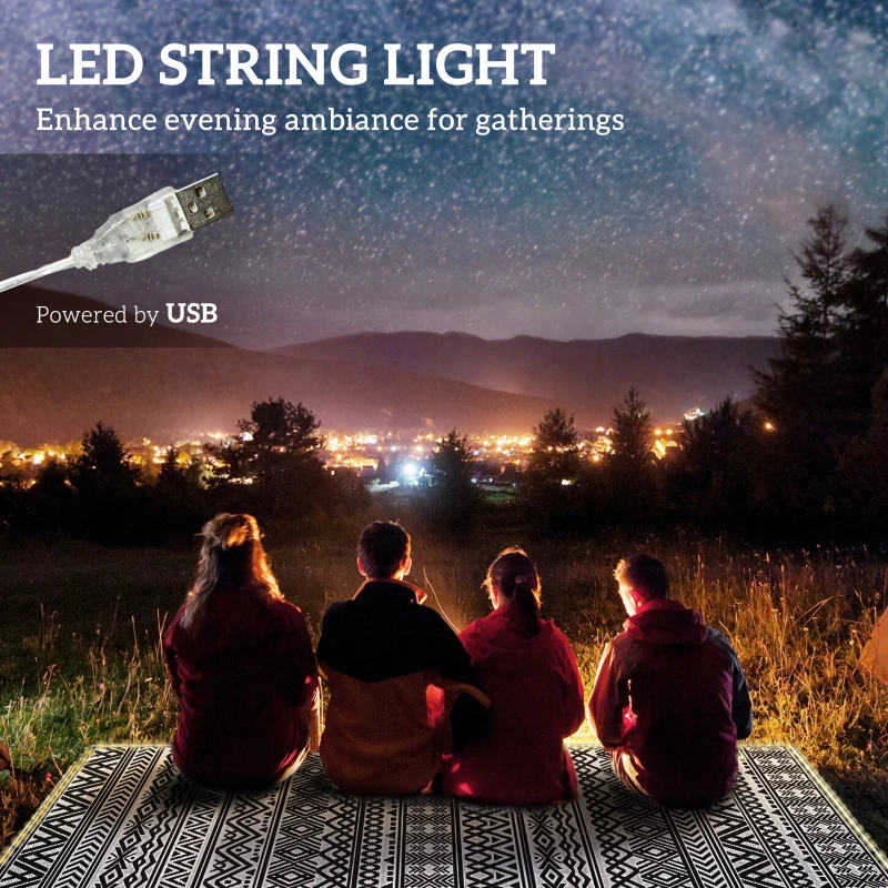 Outsunny Outdoor Rug Carpet with USB Lights Reversible Patio Rug with Carry Bag for Camping 12' x 9'
