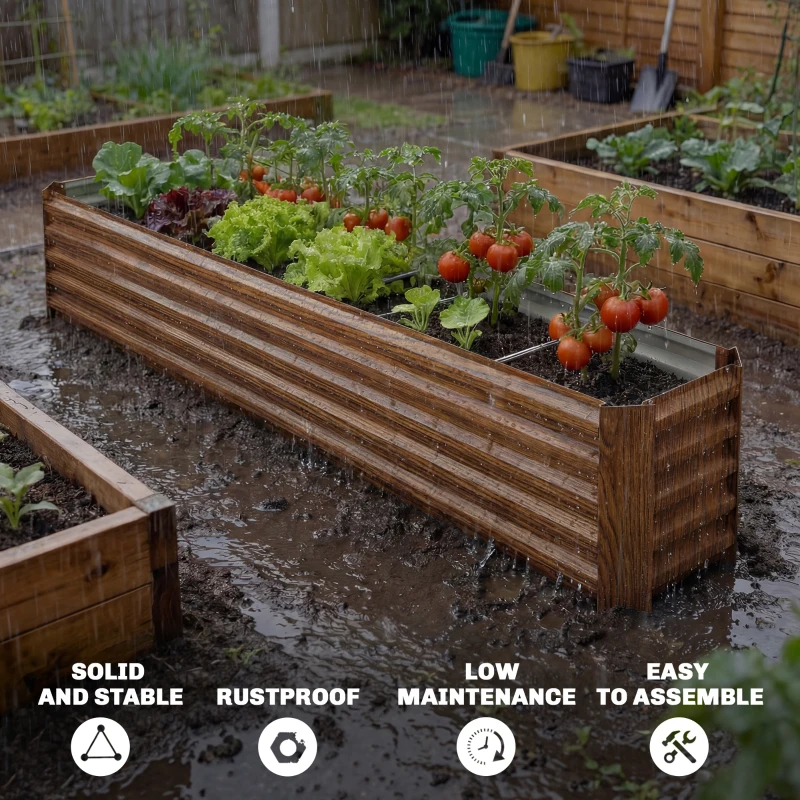 Outsunny 8 x 1.3 x 1.5ft Galvanized Raised Garden Bed, Reinforced Outdoor Planter Box with Open Bottom, Brown Wood Effect