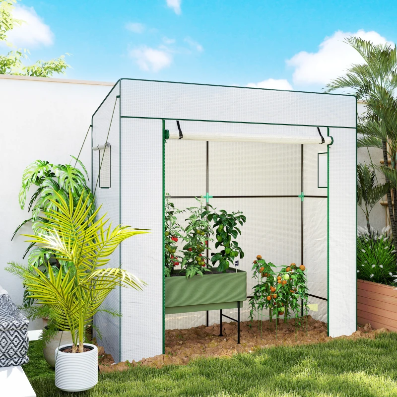 Outsunny Walk-in Tomato Greenhouse Lean-to Green House with Reinforced PE Cover, Roll-up Door, Mesh Windows, White