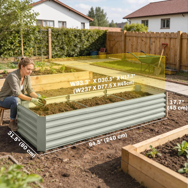 Outsunny 8 x 2.6 x 1.5ft Galvanized Raised Garden Bed, Reinforced Outdoor Planter Box with Open Bottom, Light Grey