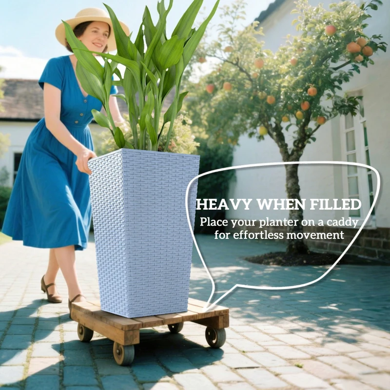 Outsunny Tall Planters for Outdoor Plants Set of 3, 24 In Taper Planters with Drainage Holes, Rattan Decor Plant Pots, Light Gray