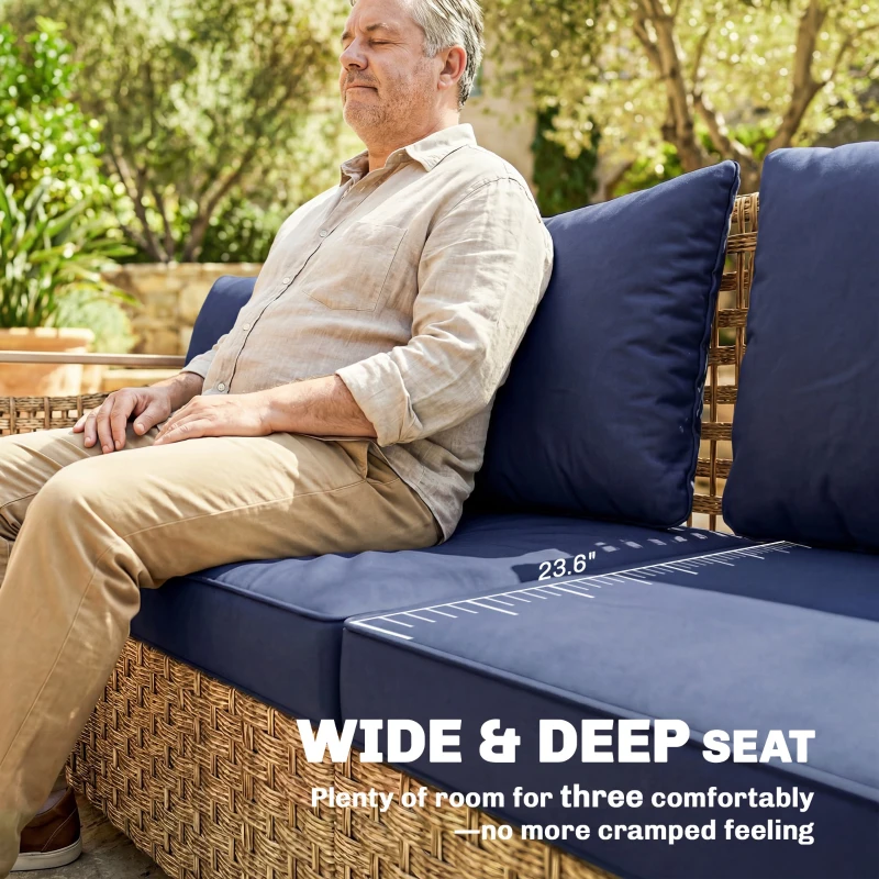 Outsunny Rattan Wicker Sofa 3-Seater Outdoor Patio Sofa with Cushions for Garden Backyard Porch Dark Blue