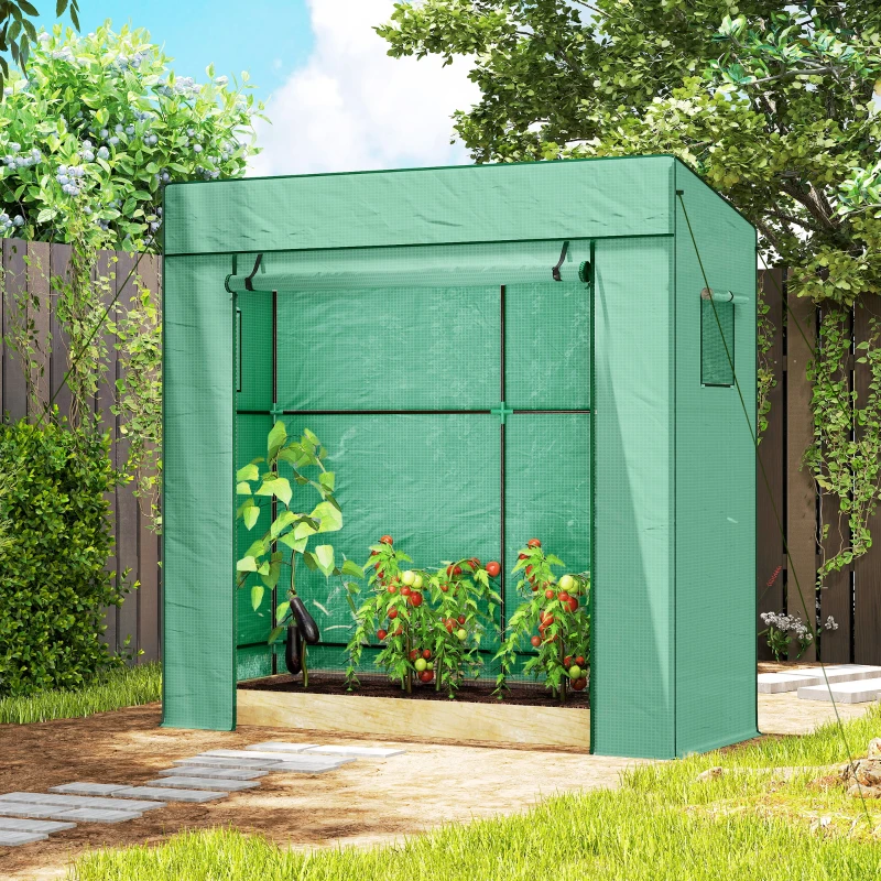 Outsunny Walk-in Tomato Greenhouse Lean-to Green House with Reinforced PE Cover, Roll-up Door, Mesh Windows, Green