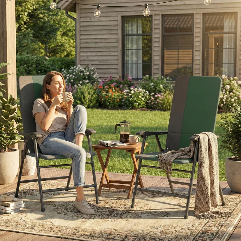 Outsunny Folding Patio Chairs Set of 2, Padded High Back Lawn Camping Chairs with Armrests, 600D Oxford Fabric, Dark Green