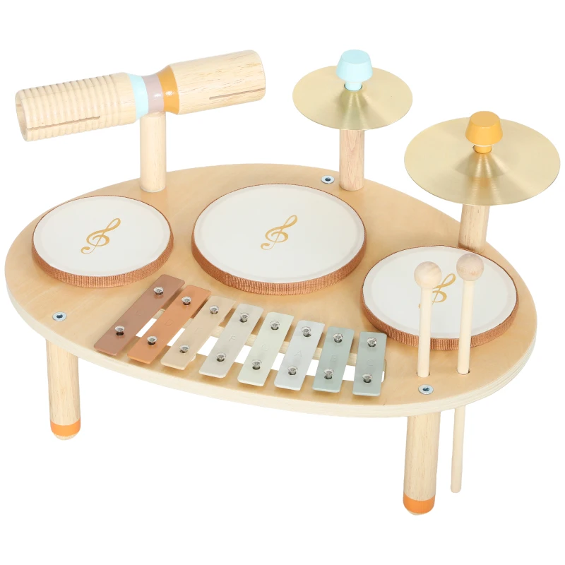 Qaba Toddler Drum Set, 4-in-1 Musical Instruments for Kids 2+, Gifts for Girls Boys Birthday, Natural Wood