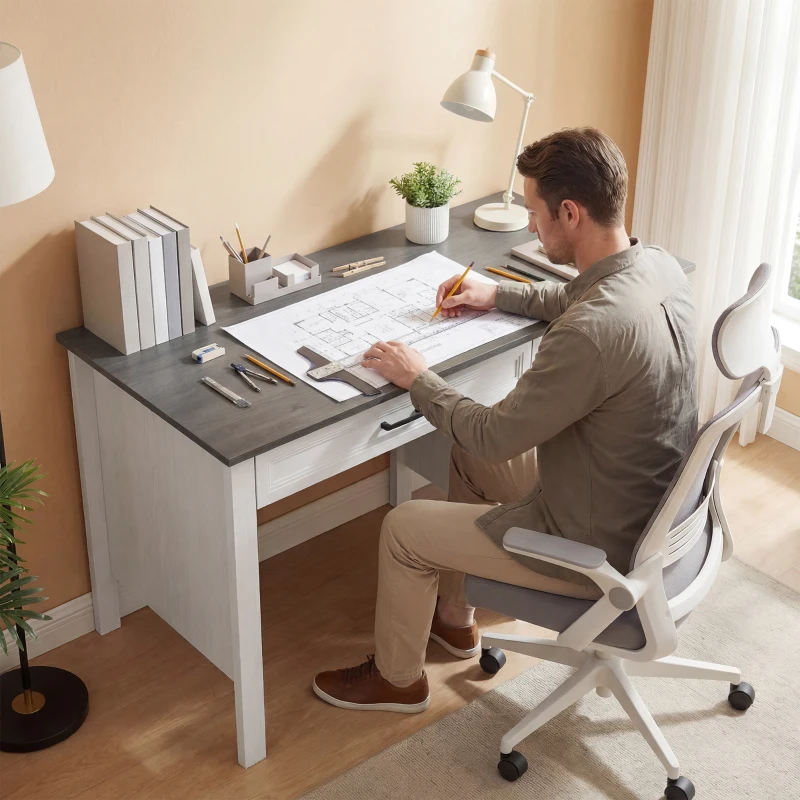 HOMCOM 54" Farmhouse Executive Desk, Computer Desk with Drawers, Adjustable Hanging Rails for for A4/Letter Size Files, White