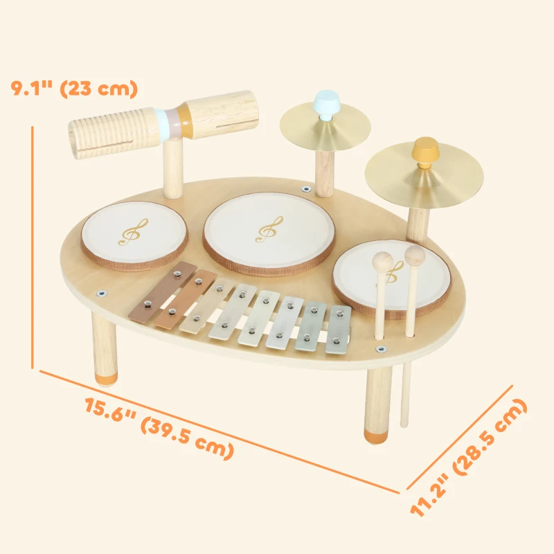 Qaba Toddler Drum Set, 4-in-1 Musical Instruments for Kids 2+, Gifts for Girls Boys Birthday, Natural Wood