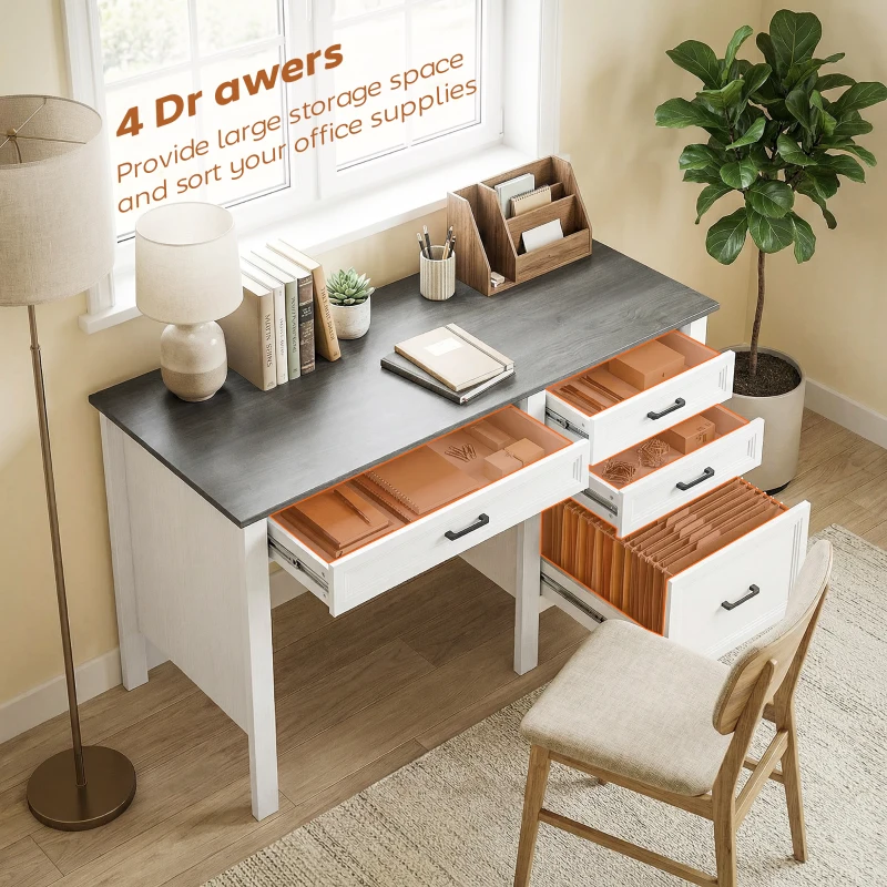 HOMCOM 54" Farmhouse Executive Desk, Computer Desk with Drawers, Adjustable Hanging Rails for for A4/Letter Size Files, White