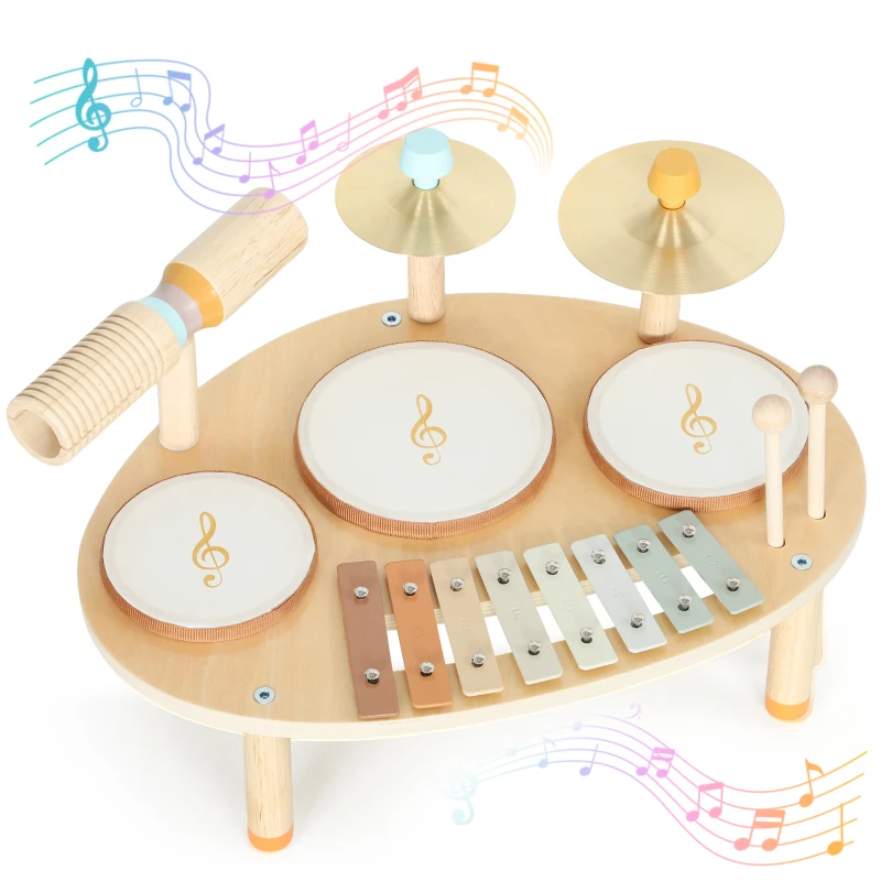 Qaba Toddler Drum Set, 4-in-1 Musical Instruments for Kids 2+, Gifts for Girls Boys Birthday, Natural Wood
