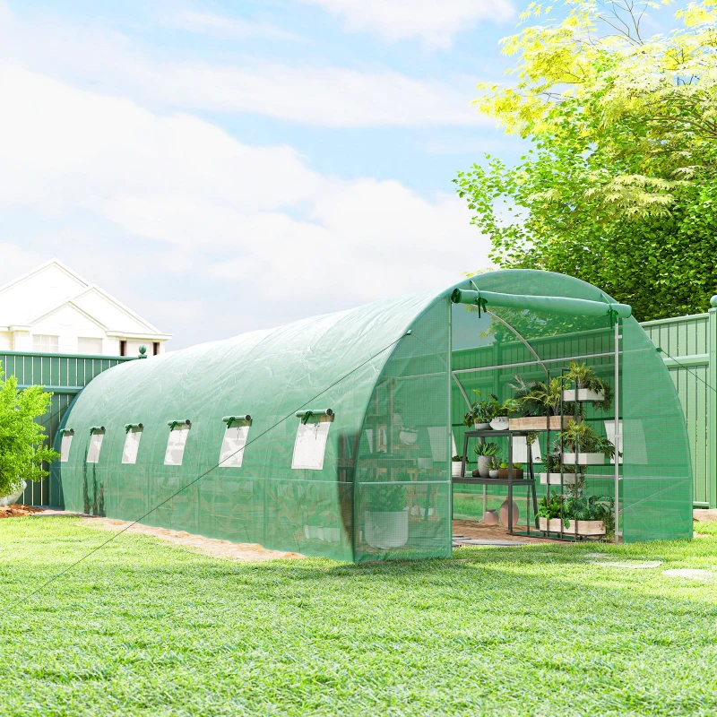 Outsunny 26' x 10' x 6.6' Walk-in Tunnel Hoop Greenhouse, PE Cover, Steel Frame, Roll-Up Zipper Door & 12 Mesh Windows for Flowers, Vegetables, Tropical Plants, Light Green
