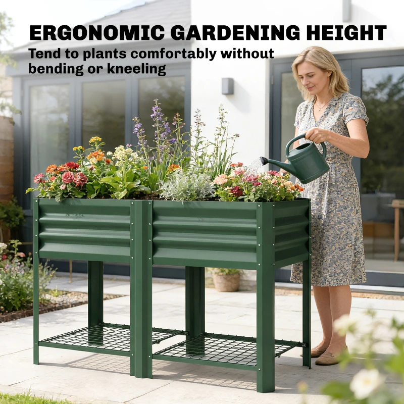 Outsunny Raised Garden Bed Galvanized Steel, Elevated Planter Box with Storage Shelf, Bed Liner, 31.5" High, Green