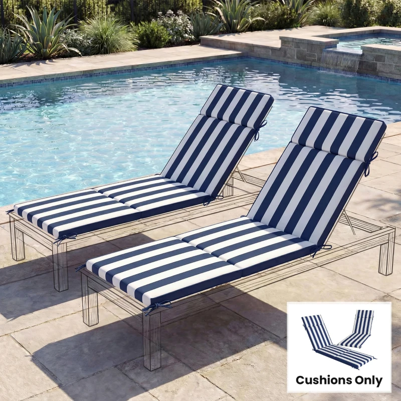 Outsunny Outdoor Chaise Lounge Cushions Set of 2 with 6 Ties, High-Density Foam, for Patio and Poolside, Dark Blue and White