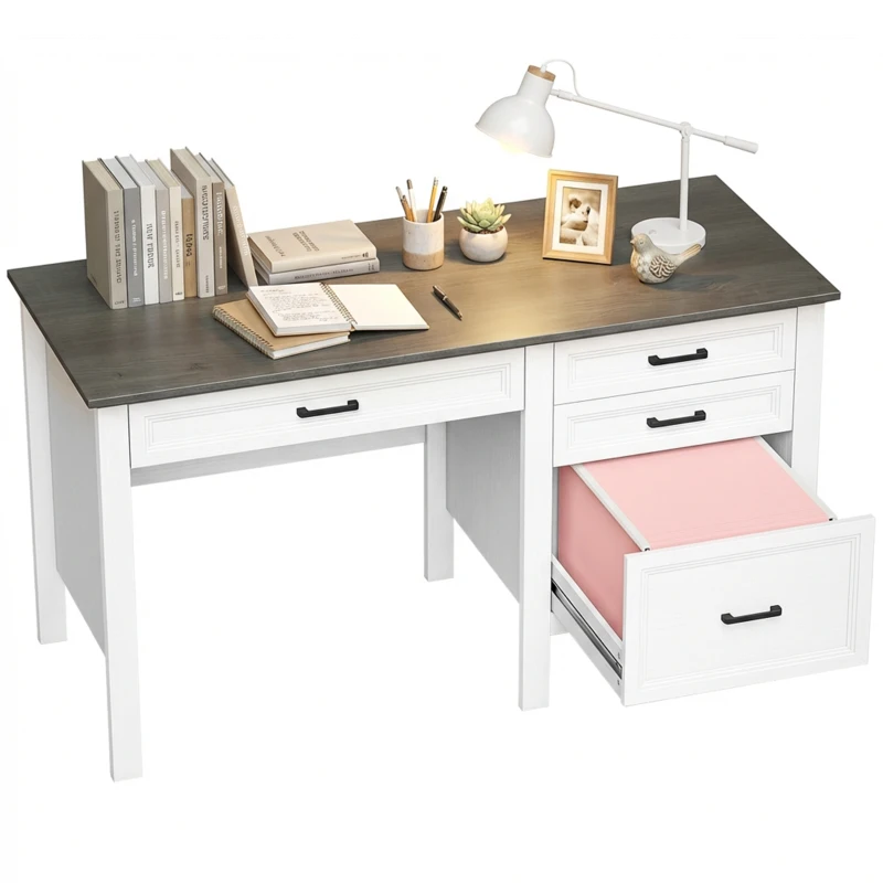 HOMCOM 54" Farmhouse Executive Desk, Computer Desk with Drawers, Adjustable Hanging Rails for for A4/Letter Size Files, White