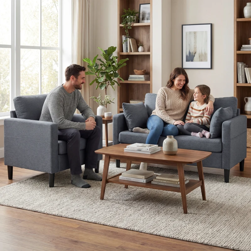 HOMCOM 55" Loveseat Sofa, Modern Linen Upholstered Couch with Spring Cushion, 2 Pillows, Dark Grey