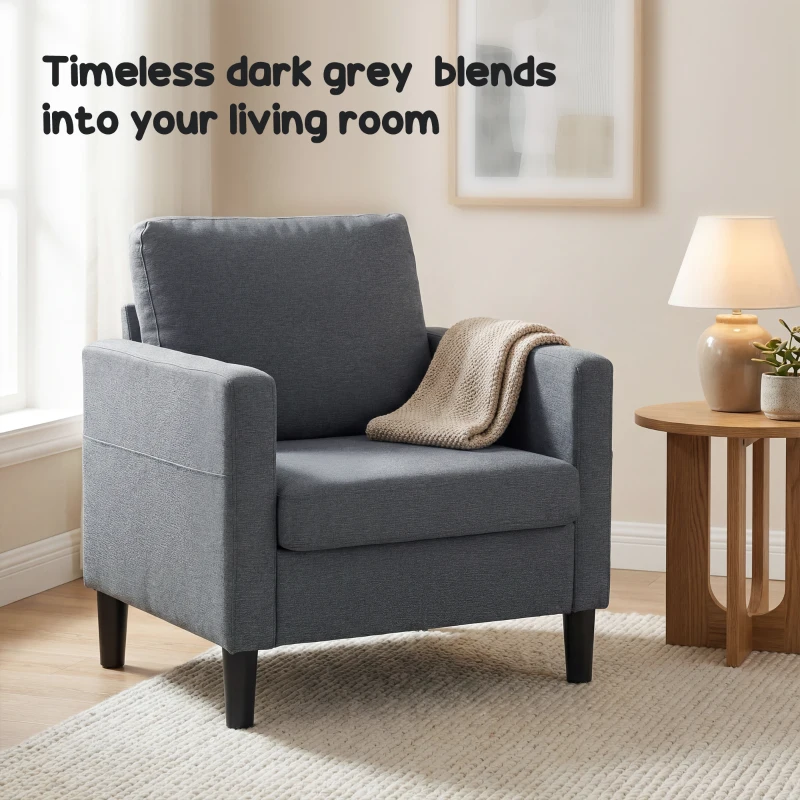 HOMCOM Accent Chair Upholstered Modern Armchair for Living Room with Thick Padded Seat and Armrests Dark Grey