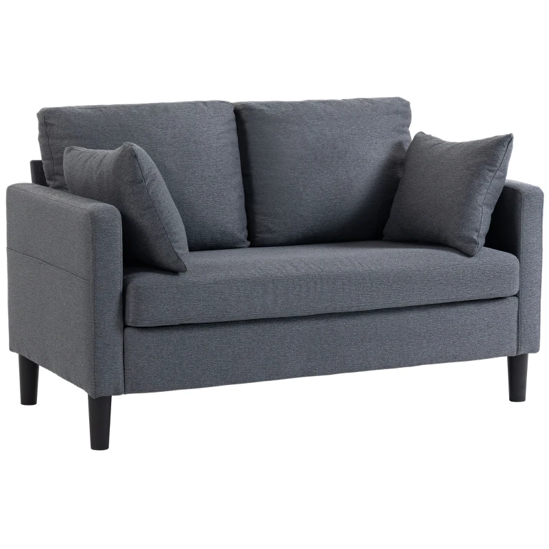 HOMCOM 55" Loveseat Sofa, Modern Linen Upholstered Couch with Spring Cushion, 2 Pillows, Dark Grey