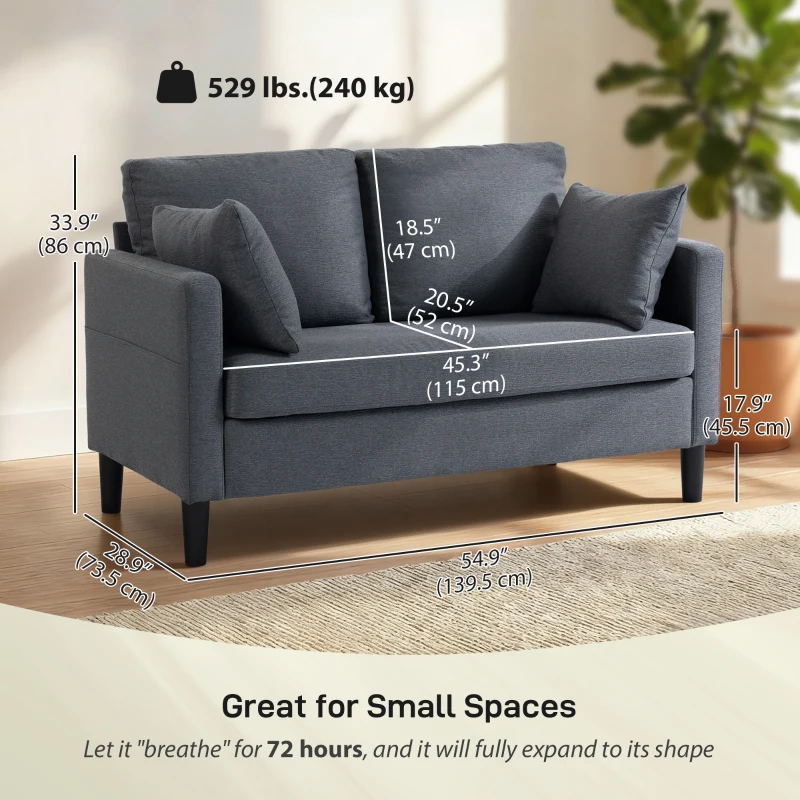 HOMCOM 55" Loveseat Sofa, Modern Linen Upholstered Couch with Spring Cushion, 2 Pillows, Dark Grey