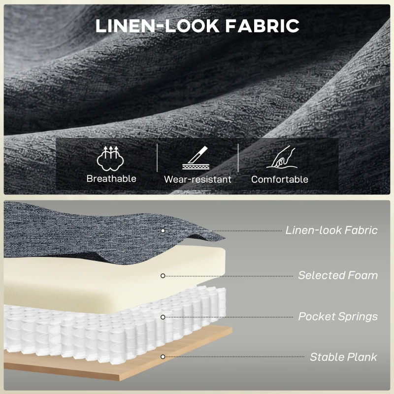 HOMCOM 55" Loveseat Sofa, Modern Linen Upholstered Couch with Spring Cushion, 2 Pillows, Dark Grey