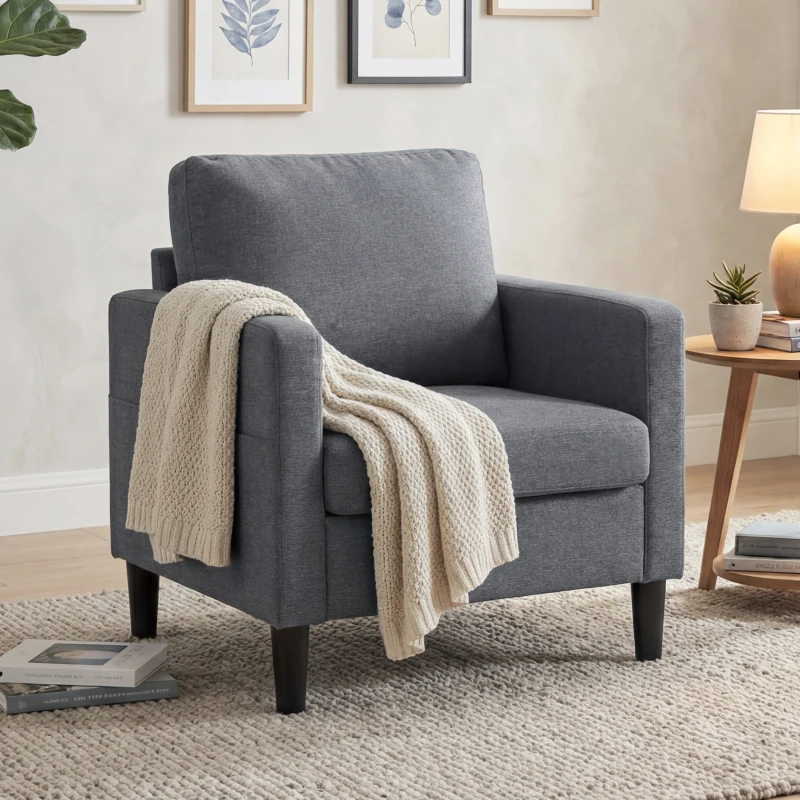 HOMCOM Accent Chair Upholstered Modern Armchair for Living Room with Thick Padded Seat and Armrests Dark Grey