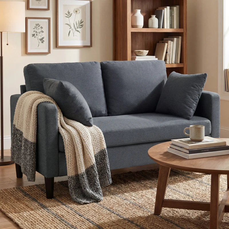 HOMCOM 55" Loveseat Sofa, Modern Linen Upholstered Couch with Spring Cushion, 2 Pillows, Dark Grey