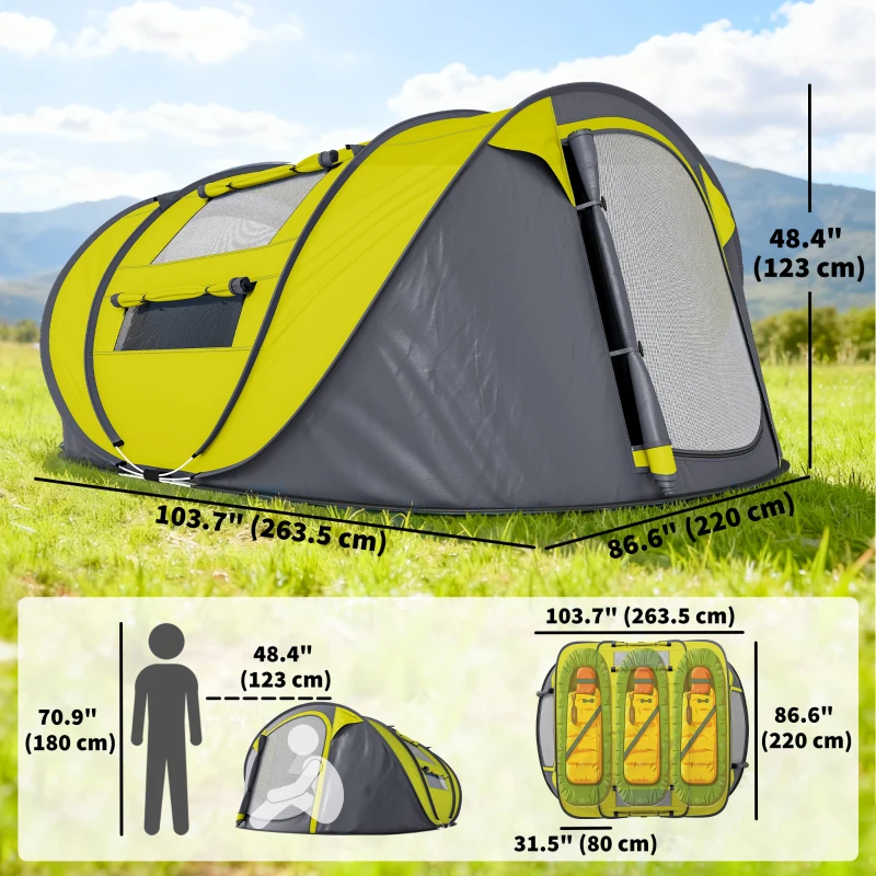 Outsunny 4 Person Camping Tent, Easy Pop Up Tent with Doors, Windows and Carry Bag, Automatic Setup Tent for Hiking, Yellow