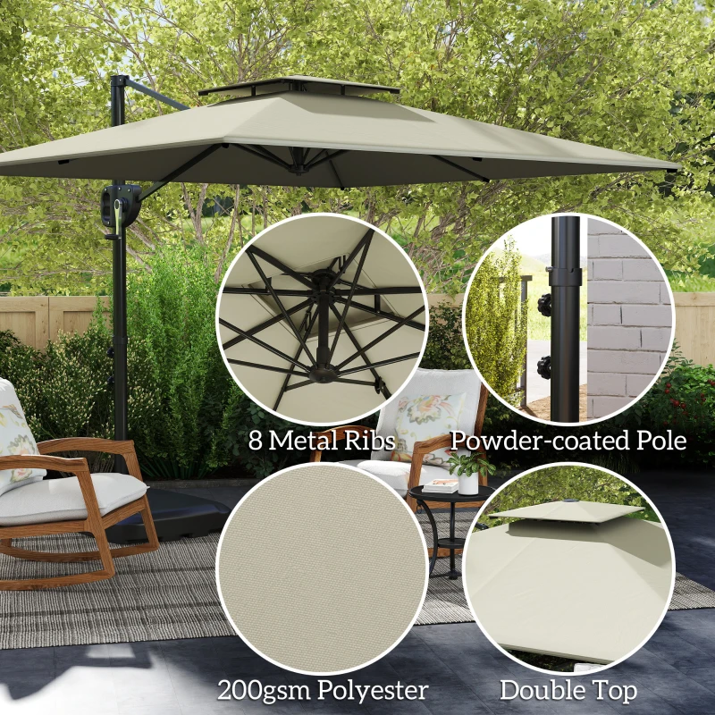 Outsunny Square Cantilever Patio Umbrella, Double Top Patio Hanging Offset Umbrella with Crank & Tilt, 8' x 9', Light Grey