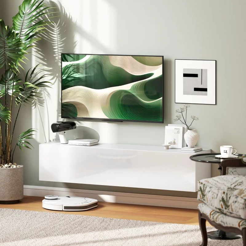 HOMCOM Floating TV Stand with Storage Cupboards for 45, 55, 65in TVs, Wall Mounted TV Console Entertainment Unit, White(m-8)