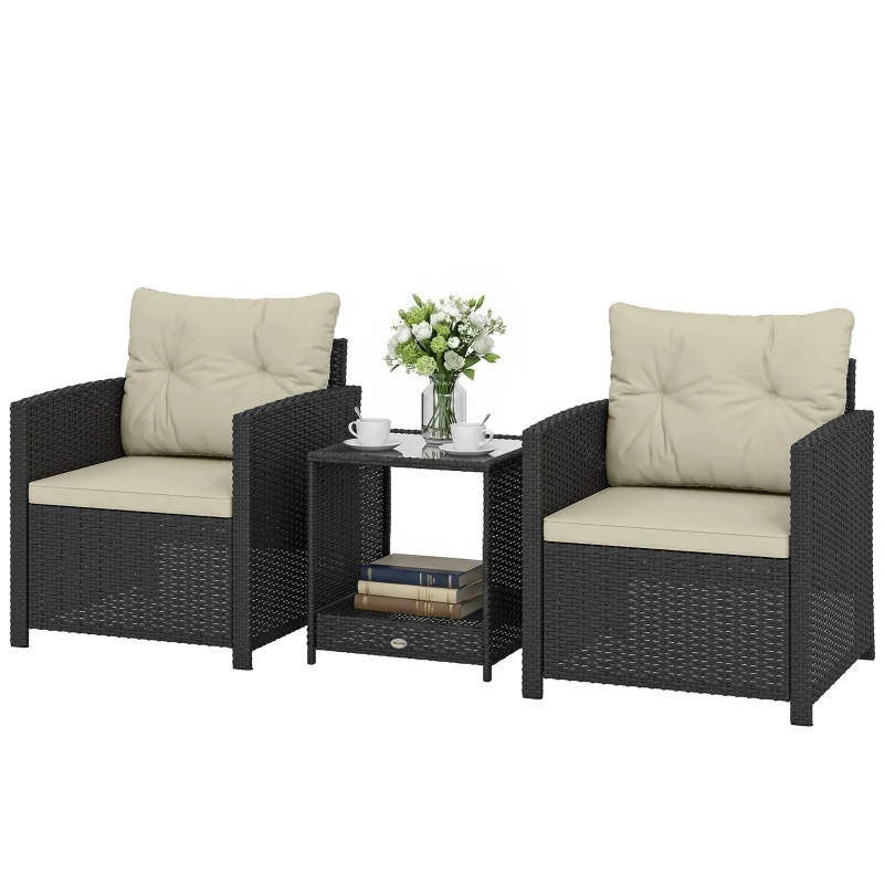 Outsunny Outdoor Bistro Set, 3 Piece Wicker Patio Furniture Set with 2-Tier Glass Top Table, Cushions for Porch, Balcony, Beige