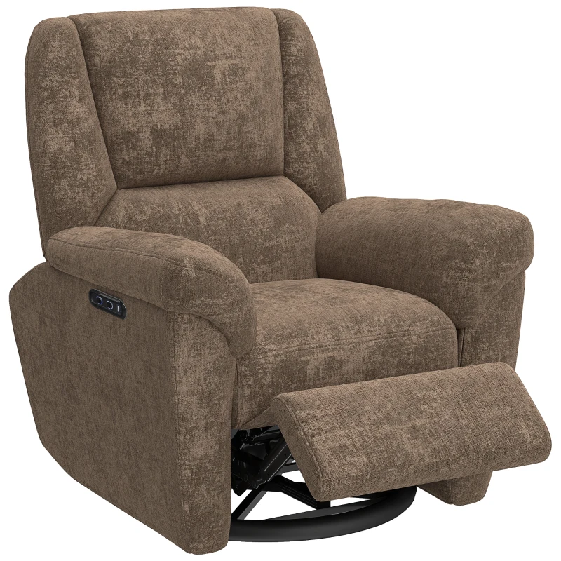 HOMCOM Power Recliner Chair, Fabric Upholstered Recliner Chair with USB Ports, Swivel and Rocking Function, Footrest