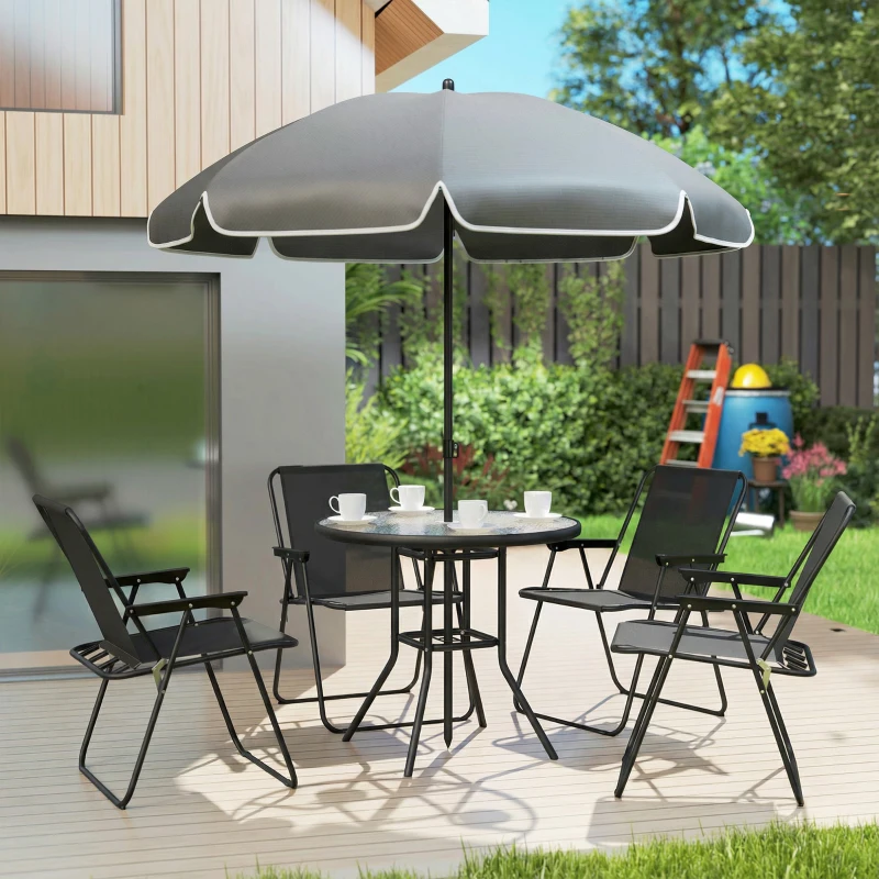 Outsunny 6 Pieces Patio Dining Set with Umbrella, Patio Furniture Set with Folding Chairs, Glass Table for Garden Backyard, Black