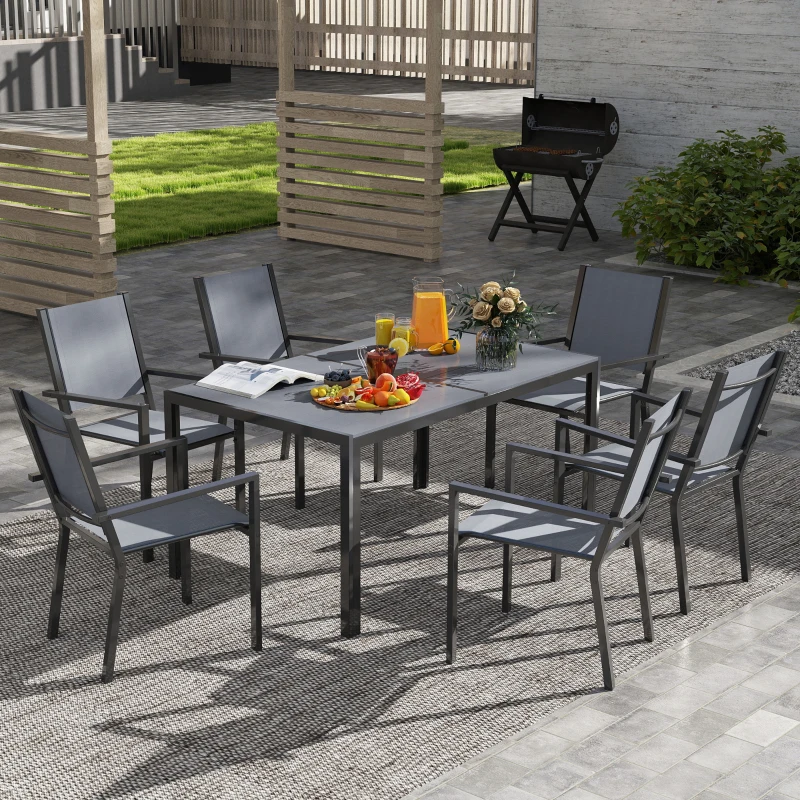 Outsunny 7 Piece Outdoor Dining Set with 6 Stackable Chairs, Rectangle Table, WPC Slatted Top, Rust-Resistant Steel Frame