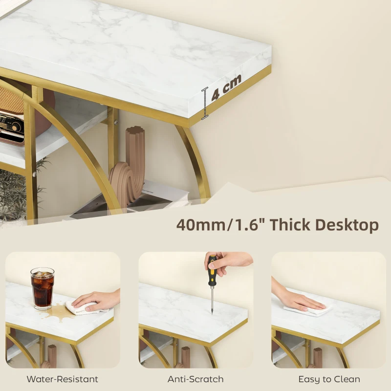 HOMCOM 39.4" Console Table with Storage Shelves, Industrial Sofa Table for Living Room, Hallway, White Marble Effect