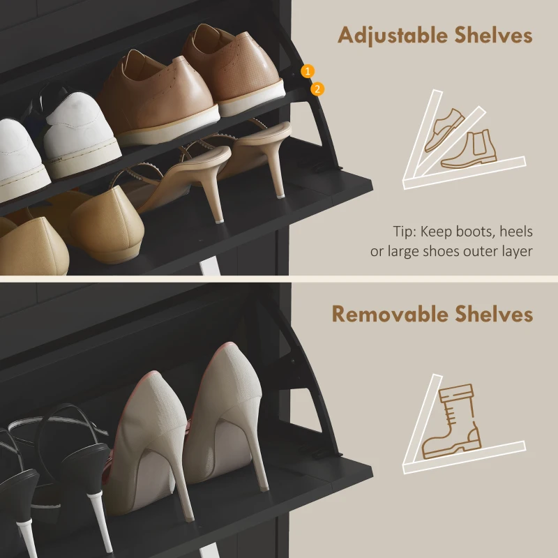 HOMCOM Slim Shoe Cabinet with 3 Flip Drawers and Adjustable Shelves, Narrow Shoe Cabinet for 15 Pairs of Shoes, Black