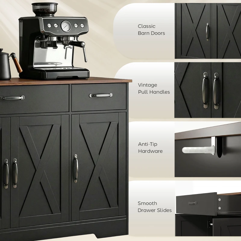 HOMCOM Sideboard Buffet Cabinet, 55" Farmhouse Kitchen Cabinet with 4 Barn Doors, 3 Drawers, 3 Adjustable Shelves, Black