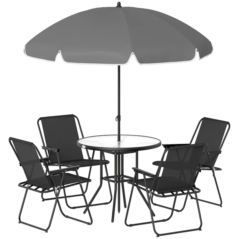 Outsunny 6 Pieces Patio Dining Set with Umbrella, Patio Furniture Set with Folding Chairs, Glass Table for Garden Backyard, Black