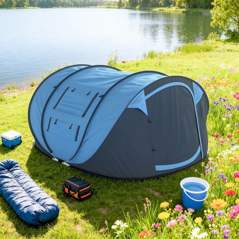 Outsunny 4 Person Camping Tent, Easy Pop Up Tent with Doors, Windows and Carry Bag, Automatic Setup Tent for Hiking, Blue