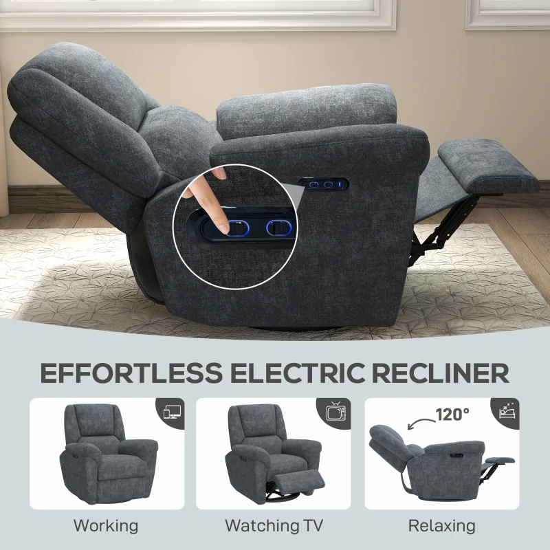 HOMCOM Power Recliner Chair, Fabric Upholstered Recliner Chair with USB Ports, Swivel and Rocking Function, Footrest, Dark Grey