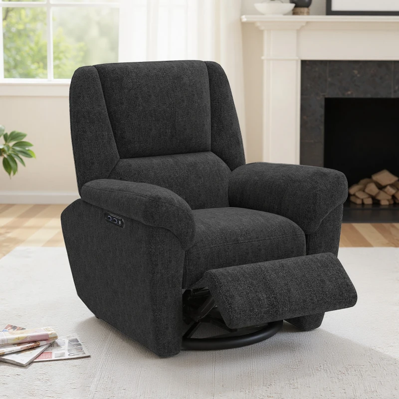 HOMCOM Power Recliner Chair, Fabric Upholstered Recliner Chair with USB Ports, Swivel and Rocking Function, Footrest, Black