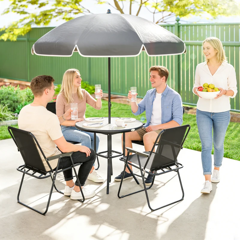 Outsunny 6 Pieces Patio Dining Set with Umbrella, Patio Furniture Set with Folding Chairs, Glass Table for Garden Backyard, Black