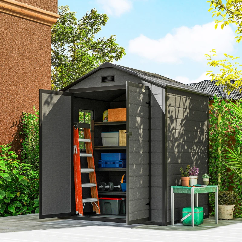 Outsunny 6x4.5FT Plastic Shed, Lockable Garden Tool Storage House with Double Doors and Vent, Grey
